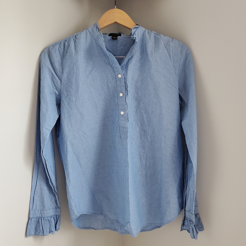 Ann Taylor Striped Half Button Top With Ruffle, S.